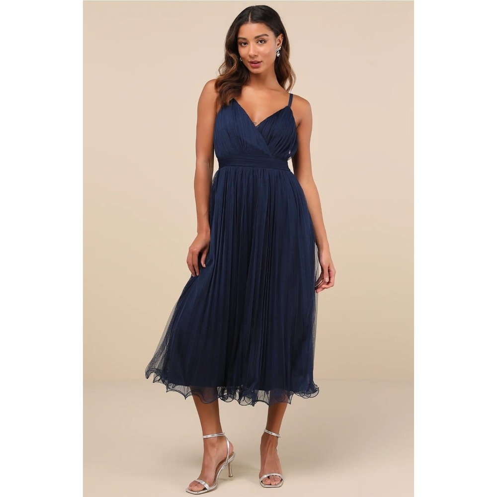 Lulus Navy Blue Pleated Tulle Surplice Midi Dress XL New With Tags